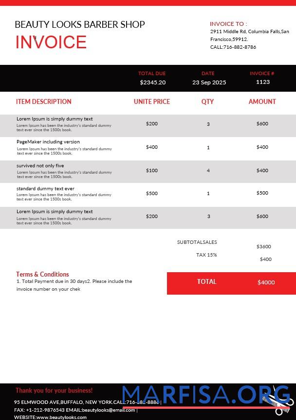 Printable Barbershop Invoice Template